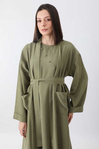 Elbisesi Düğmeli Abaya Takım Açık Haki - 10