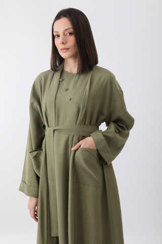Elbisesi Düğmeli Abaya Takım Açık Haki - 11