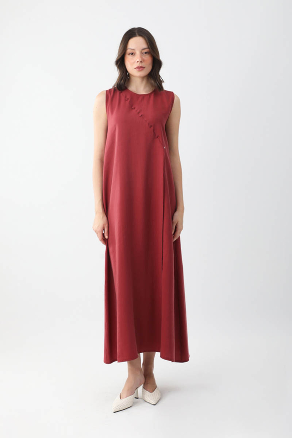 Elbisesi Düğmeli Abaya Takım Bordo - 5