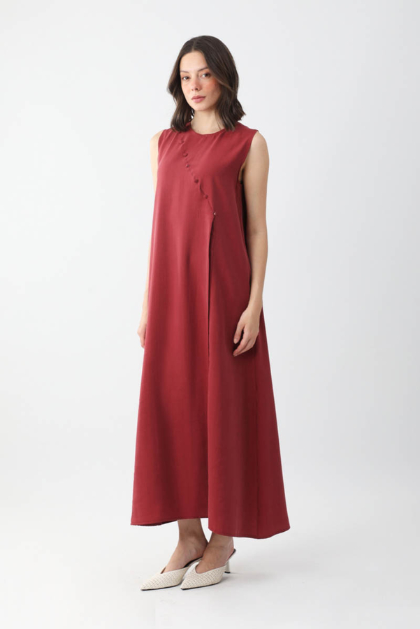 Elbisesi Düğmeli Abaya Takım Bordo - 7