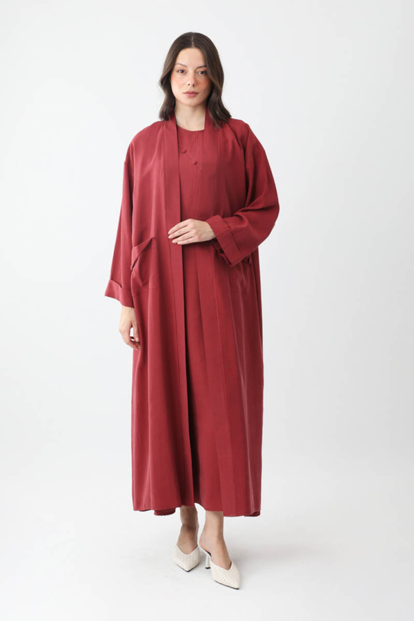 Elbisesi Düğmeli Abaya Takım Bordo - 8