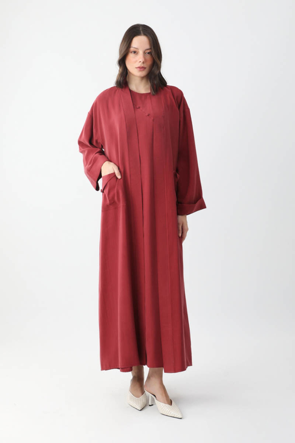 Elbisesi Düğmeli Abaya Takım Bordo - 3