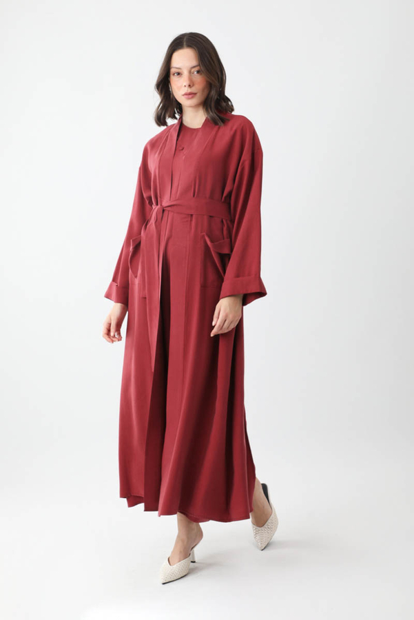 Elbisesi Düğmeli Abaya Takım Bordo - 9