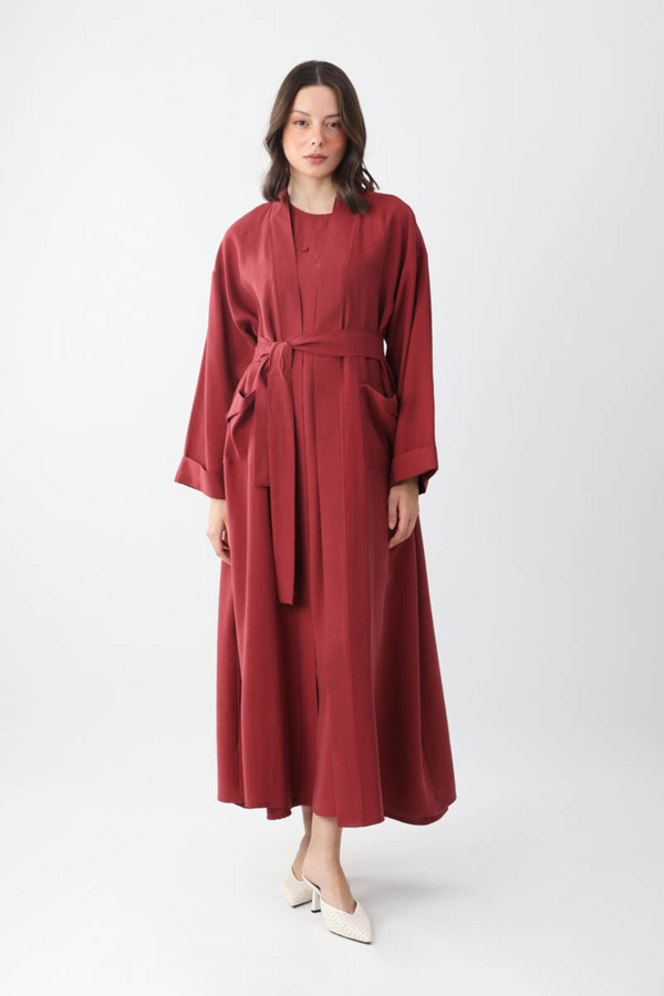 Elbisesi Düğmeli Abaya Takım Bordo - 2