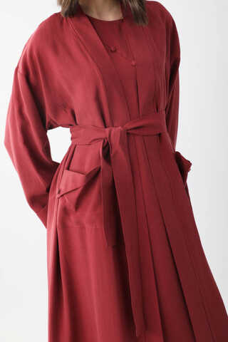 Elbisesi Düğmeli Abaya Takım Bordo - 6