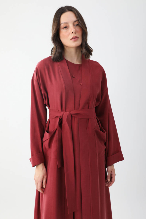 Elbisesi Düğmeli Abaya Takım Bordo 