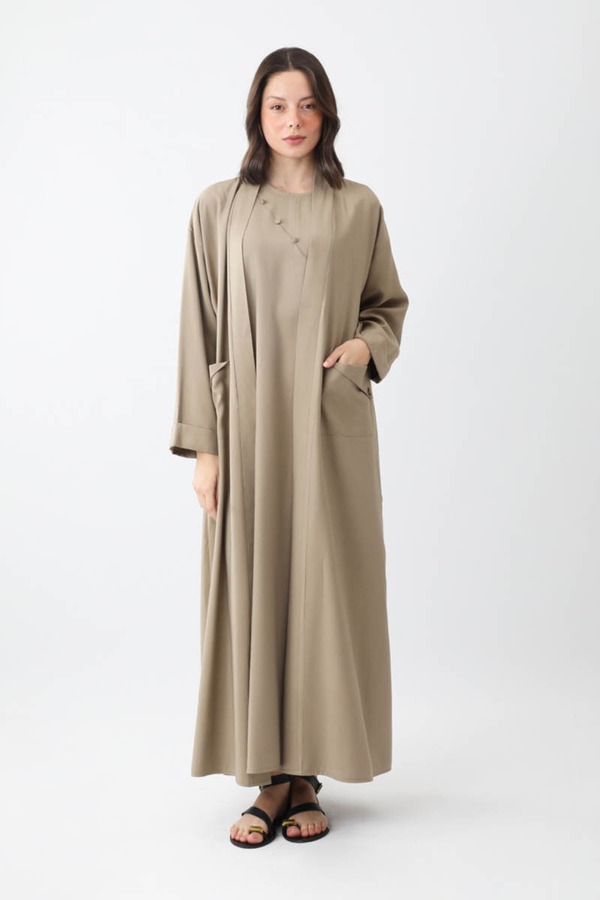 Elbisesi Düğmeli Abaya Takım Camel - 6
