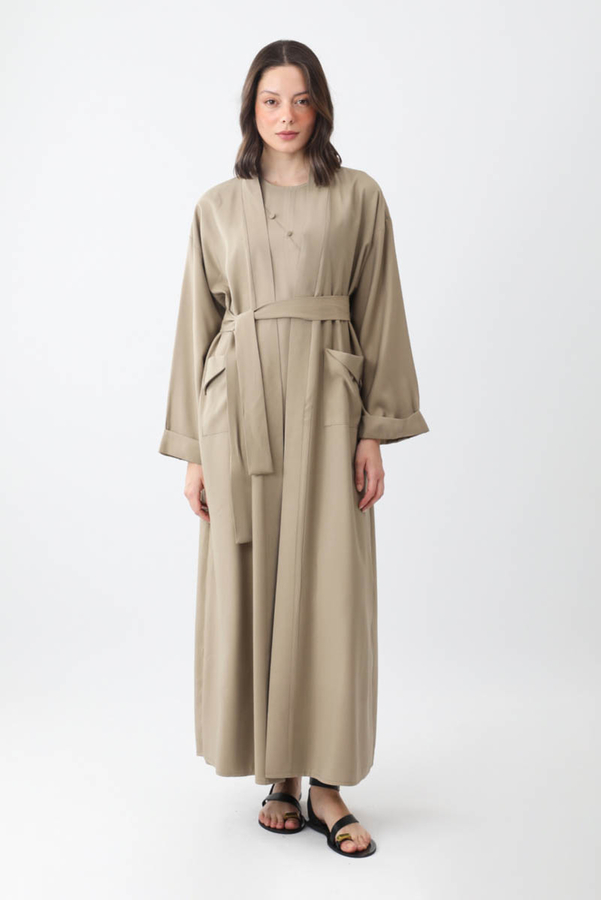 Elbisesi Düğmeli Abaya Takım Camel - 1