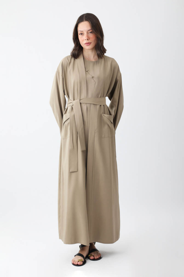 Elbisesi Düğmeli Abaya Takım Camel - 8
