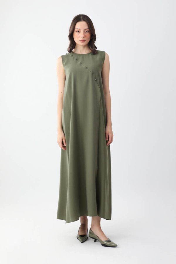 Elbisesi Düğmeli Abaya Takım Haki - 3