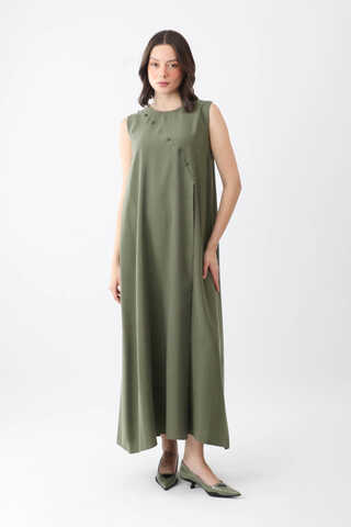 Elbisesi Düğmeli Abaya Takım Haki - 4