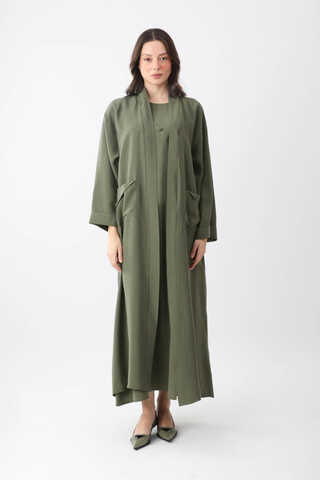 Elbisesi Düğmeli Abaya Takım Haki - 2