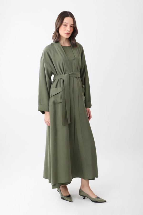 Elbisesi Düğmeli Abaya Takım Haki - 8