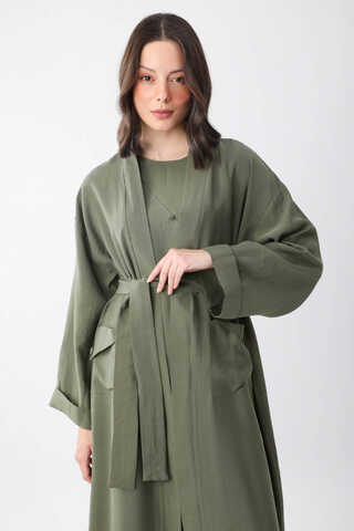 Elbisesi Düğmeli Abaya Takım Haki - 1