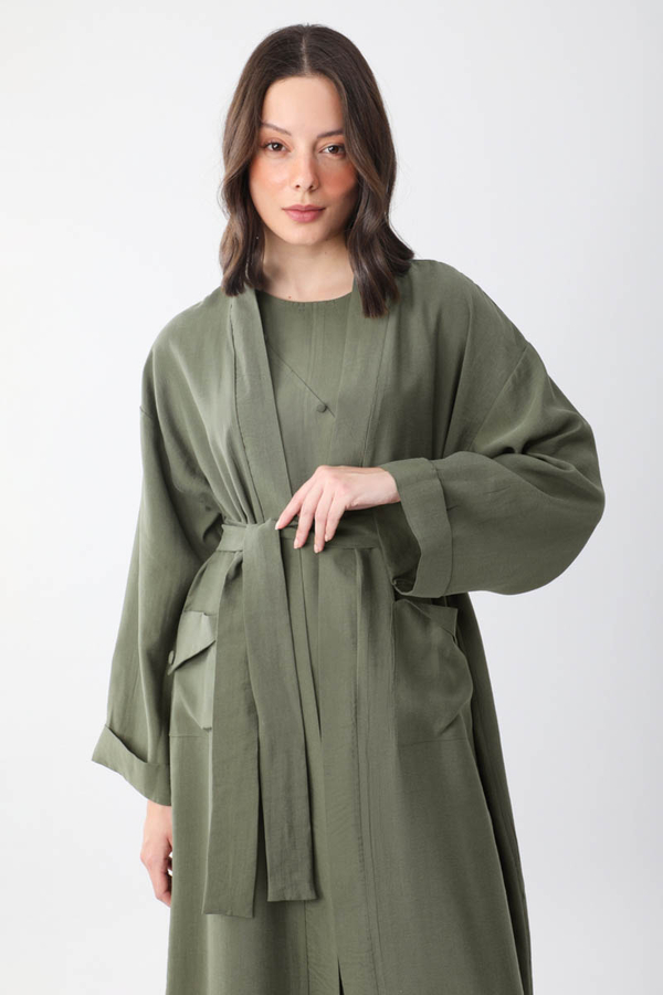 Elbisesi Düğmeli Abaya Takım Haki - 1