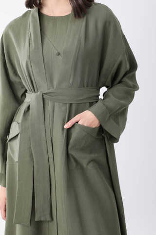 Elbisesi Düğmeli Abaya Takım Haki - 5