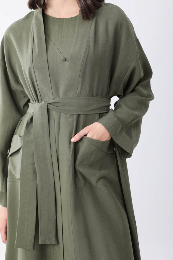 Elbisesi Düğmeli Abaya Takım Haki - 5