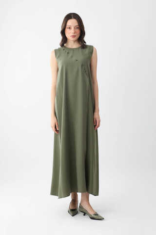 Elbisesi Düğmeli Abaya Takım Haki - 3