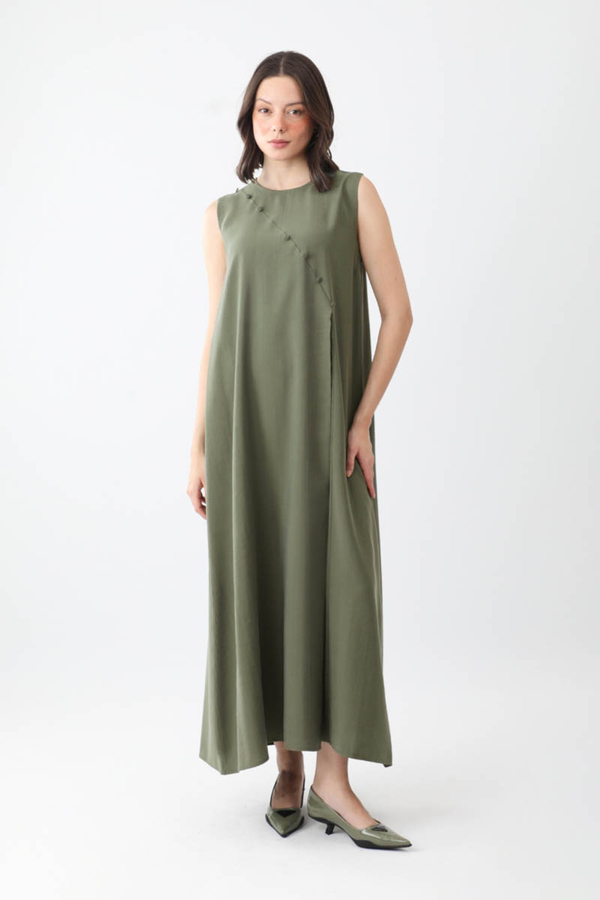 Elbisesi Düğmeli Abaya Takım Haki - 4