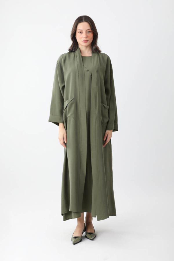 Elbisesi Düğmeli Abaya Takım Haki - 2