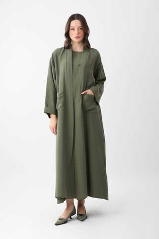 Elbisesi Düğmeli Abaya Takım Haki - 6