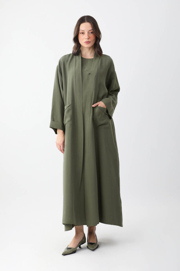Elbisesi Düğmeli Abaya Takım Haki - 6