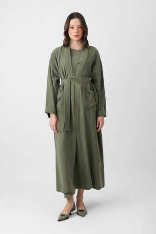 Elbisesi Düğmeli Abaya Takım Haki - 7