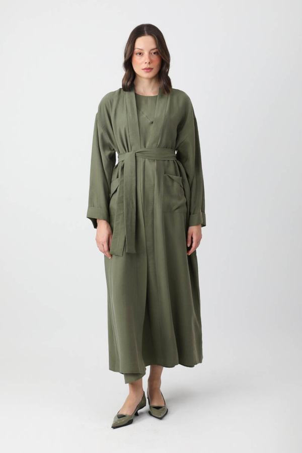Elbisesi Düğmeli Abaya Takım Haki - 7