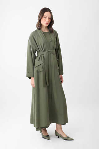 Elbisesi Düğmeli Abaya Takım Haki - 8