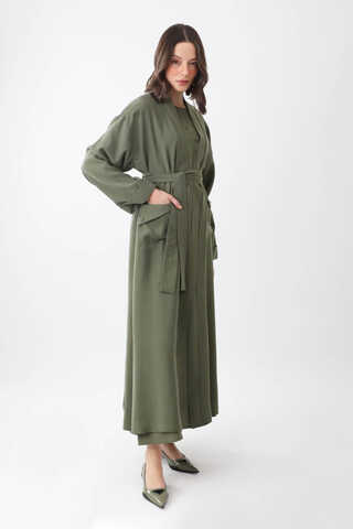 Elbisesi Düğmeli Abaya Takım Haki - 9