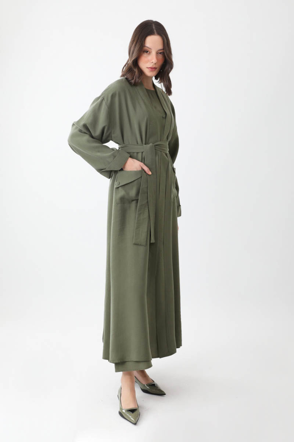 Elbisesi Düğmeli Abaya Takım Haki - 9