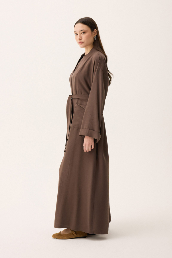 Elbisesi Düğmeli Abaya Takım Kahverengi - 3