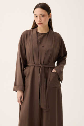 Elbisesi Düğmeli Abaya Takım Kahverengi - 2