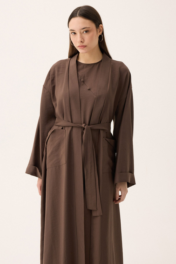 Elbisesi Düğmeli Abaya Takım Kahverengi - 4