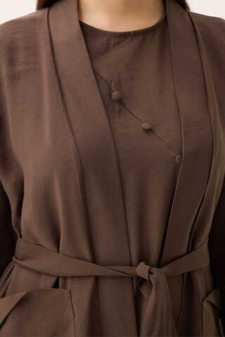 Elbisesi Düğmeli Abaya Takım Kahverengi - 5