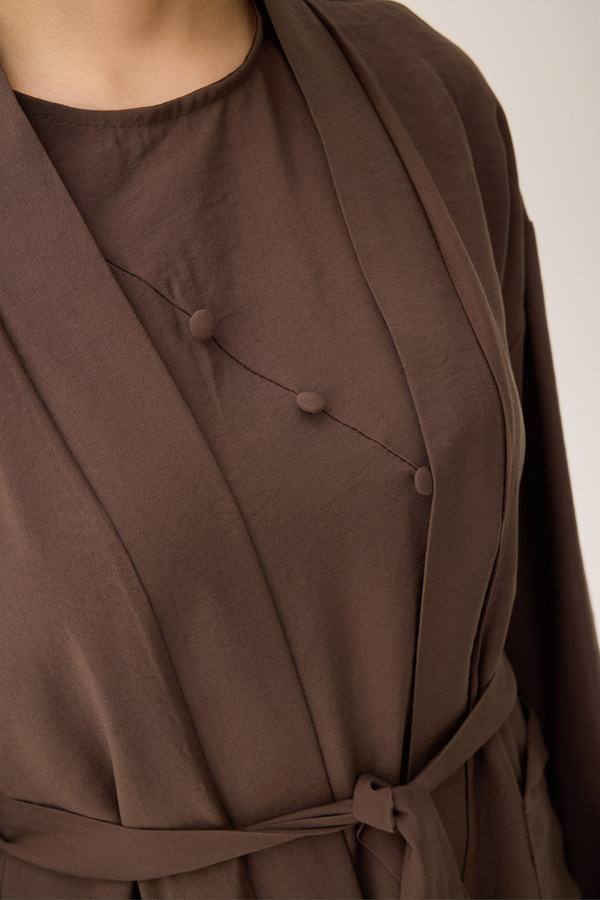 Elbisesi Düğmeli Abaya Takım Kahverengi - 6