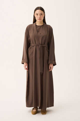 Elbisesi Düğmeli Abaya Takım Kahverengi - 1