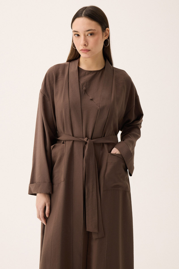 Elbisesi Düğmeli Abaya Takım Kahverengi - 2