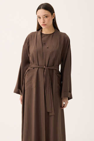 Elbisesi Düğmeli Abaya Takım Kahverengi - 4