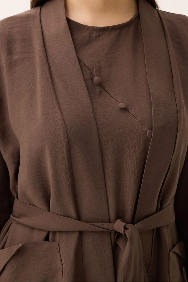 Elbisesi Düğmeli Abaya Takım Kahverengi - 5