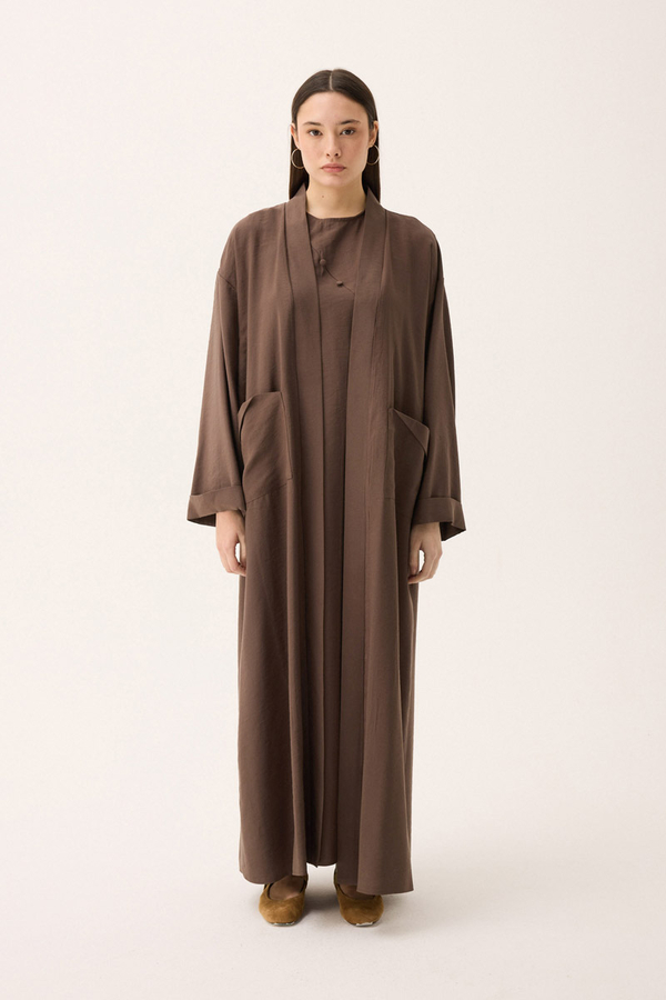 Elbisesi Düğmeli Abaya Takım Kahverengi - 9