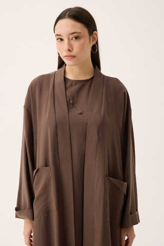 Elbisesi Düğmeli Abaya Takım Kahverengi - 10