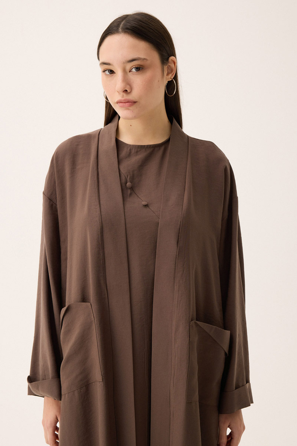 Elbisesi Düğmeli Abaya Takım Kahverengi - 10