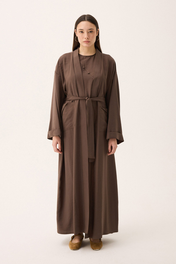 Elbisesi Düğmeli Abaya Takım Kahverengi - 1