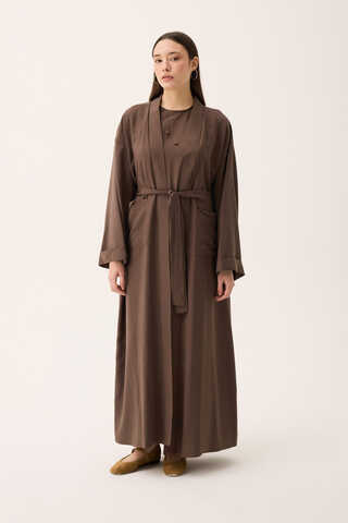 Elbisesi Düğmeli Abaya Takım Kahverengi - 12