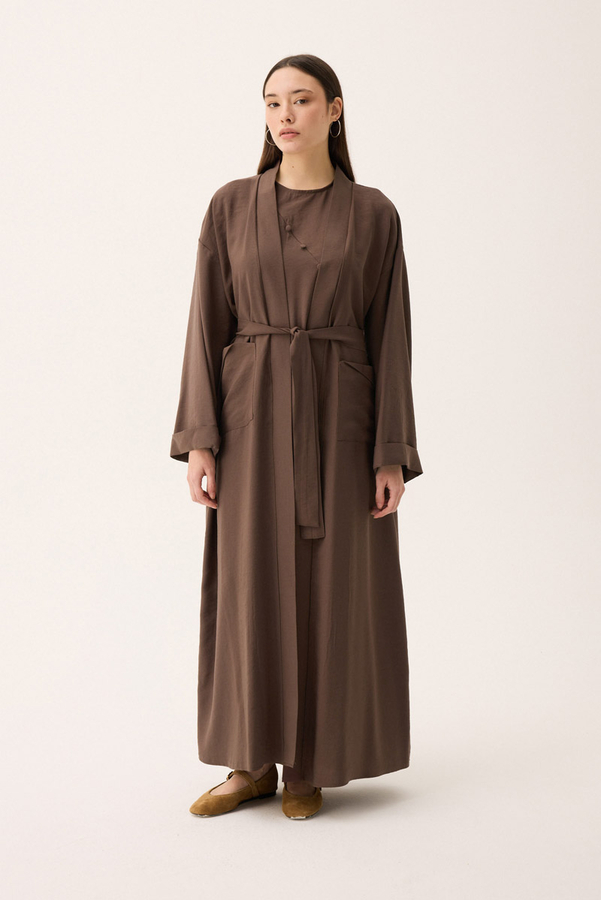 Elbisesi Düğmeli Abaya Takım Kahverengi - 12