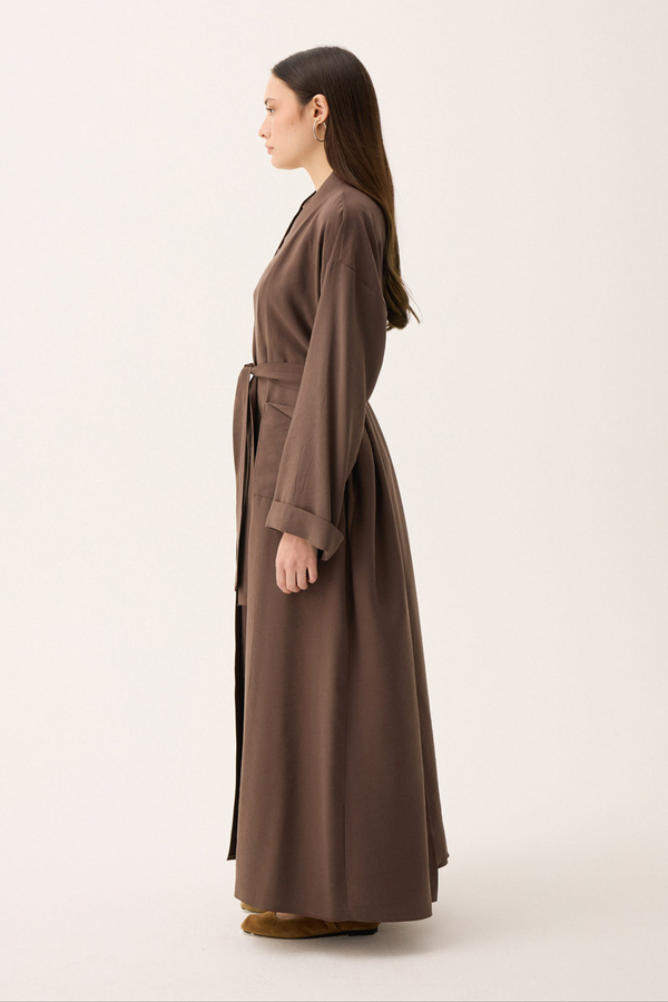 Elbisesi Düğmeli Abaya Takım Kahverengi - 14