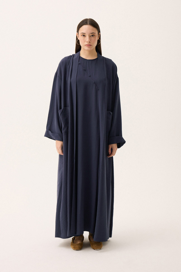 Elbisesi Düğmeli Abaya Takım Lacivert - 1