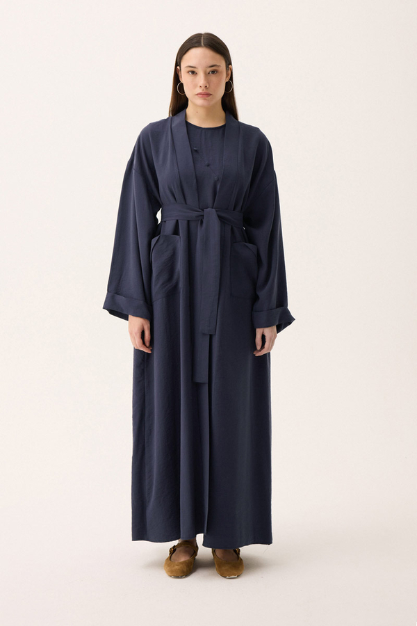 Elbisesi Düğmeli Abaya Takım Lacivert - 4