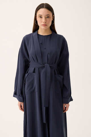 Elbisesi Düğmeli Abaya Takım Lacivert - 11